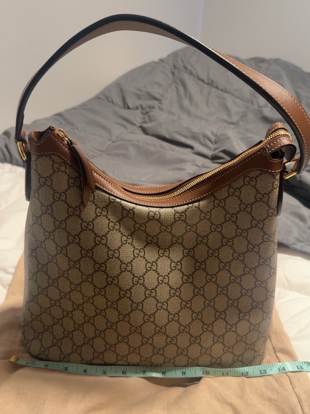Gucci Brown GG Supreme Hobo Shoulder Bag with Tan Trim